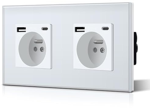 BSEED Prise en verre cristal Murale avec USB et 1 Type C alternatif Multiprise Murale avec USB 2.1A courant 16 Amp 240V 157mm Blanc