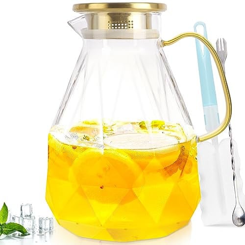 Yirilan Pichet en Verre de 3 Litres Avec Couvercle - Carafe à Eau et Thé Glacé pour Réfrigérateur - Grand Pichet à Boisson pour Jus