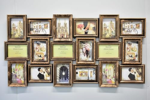 DEENZ X Large 18 Photos Multi Picture Wall Frame 6X4 Photo Multi Photo Frame 18-Aperture Wall Hanging Memories Decoration Gold Rustic