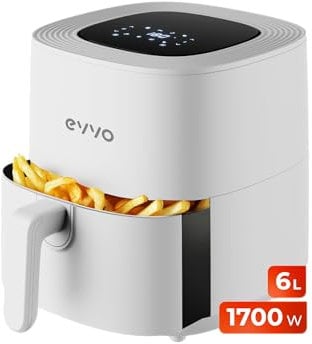 EVVO Friggitrice ad aria senza olio da 6 l, 1700 W, contenitore antiaderente, tecnologia Dual Cyclone, multifunzione, cottura, disidrata, scongelamento, fino a 200 gradi, spegnimento automatico