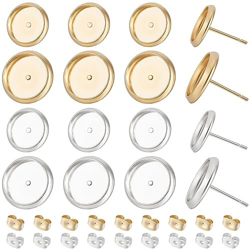 Beebeecraft 1 Caja de 40 Pendientes de Poste En Blanco de Oro de 24 Quilates Y 925 ajustes de Bisel de Pendientes Chapados En Plata de Ley de 10/12 mm con 40 Tuercas de Oreja para Hacer(Oro Plata)