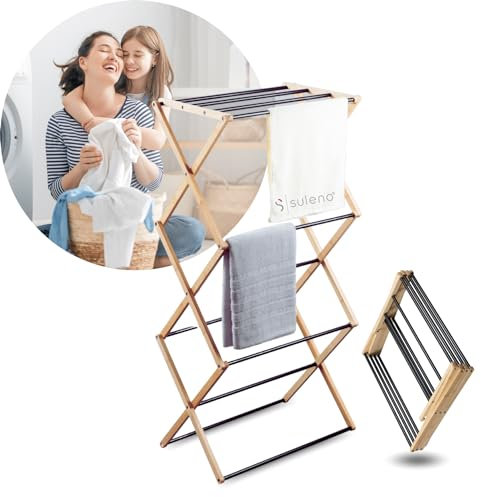 Suleno® Bambus Wäscheständer Bali, 57x113cm Klappbar & Ausziehbar, Platzsparend, 11 Metallstangen, 6 Ebenen, Leicht, Ideal für kleine Wohnungen, Enge Räume & Balkon, Innen/Außen, Umweltfreundlich