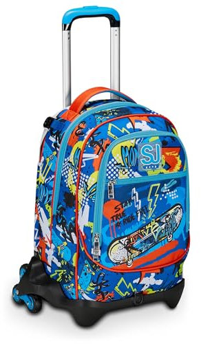 SJ Gang Style Jam Gang Schultrolley Jack 3 Rollen, Blau, TrickyLED, 3 in 1, Dreifachverwendung, Rucksack mit abnehmbarem Wagen, Trinkflaschenhalter und Crossover System, Rucksack für die Grundschule