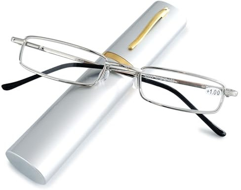 ABETOS Slim Pen Reading Glasses Blue Light Blocking Metal Readers In Tube Case Superlight Spring Hinge Pocket Portable Eyewear Thin Travel Eyeglasses 1.0+ 1.5+ 2.0+ 2.5+ 3.0+, Silver+1.5