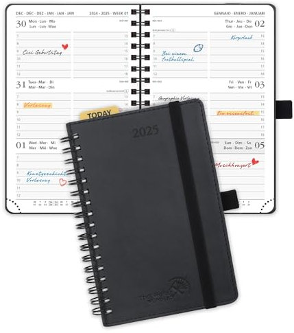 POPRUN Taschenkalender 2025 Klein Ringbuch mit Softcover, ca. A6 (16 x 10,5 cm) - Kalender 2025 Klein (Jan.2025-Dez.2025) - Terminplaner 1 Woche 2 Seite mit Plastiklineal - Schwarz