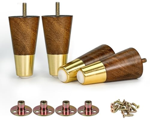Aiminjey 10cm Wooden Furniture Legs with Gold Cap Set of 4 Dark Brown Sofa Replacement Solid Wood Furniture Feet for Armchair Couch Cabinet Dresser Ottoman TV Stand Bed Legs (4inch)