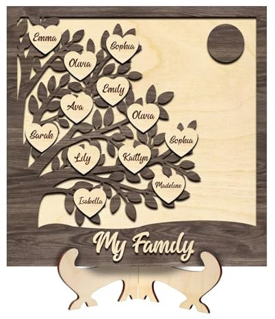 FENGHUO Cadeau pour maman,Arbre de vie avec nom personnalisé en 3D,Arbre de famille en bois personnalisé,Plaque en bois avec les noms de plusieurs membres de la famille,Décoration de table