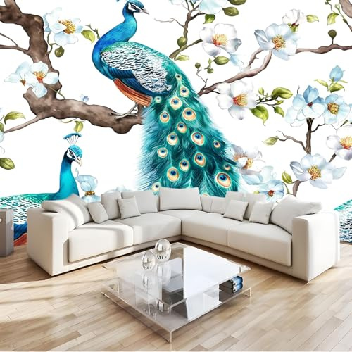 Papier Peint Intissé Photo Murale Aquarelle Paon Bleu Toison Salon Chambre à Coucherr Salle - Muraux Tapisserie Photo - Design Chinois 350 x 256 cm - Toison Décoration Murale Salon Chambre á Coucherr