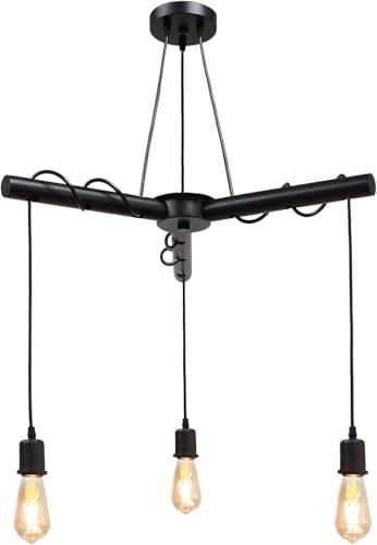 JINER Lampadario a Sospensione Vintage, E27 Lampadari Legno Industriale, Lampada da soffitto Regolabile a Filo Avvolto per Sala da Pranzo, Soggiorno,Cucina