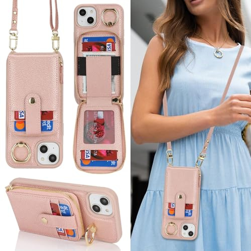 SailorTech Coque pour iPhone 13 Étui avec Support d'anneau, Etui pour iPhone 13 Housse avec Courroie de Cou Portefeuille avec Fentes pour Cartes de crédit-Or Rose