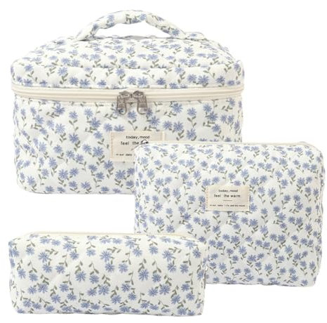 Rockreyoa Reise Kosmetiktasche Coquette Kosmetiktasche aus Baumwolle Groß Make Up Tasche Organizer mit Bürstenfach Kawaii Kulturbeutel Blumen Gesteppte Kulturtasche Blaue Pfauenblume 25 * 16 * 16cm