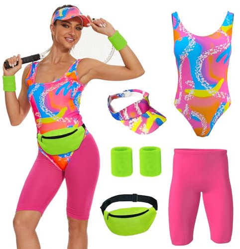OPAEHJF 80er Jahre Outfit Damen Set,80er Jahre Workout Kostüme für Damen,mit Bauchtasche, Sonnenblenden Hut, Handgelenkbänder, für Halloween Karneval Cosplay Kleidung (M)