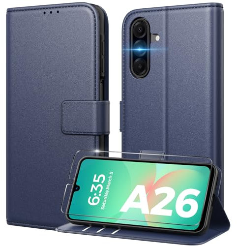 Peakally Handyhülle für Samsung Galaxy A26 5G Hülle [Mit 1 Stück Panzer Schutz Glas] [Premium PU Leder] [RFID-Blockierung] [Kartenfach] [Ständer] Klapphülle mit Galaxy A26 5G / A26 4G - Blau