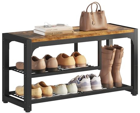 HOMEFORT Schuhbank, 80 cm, Schuhbank für den Eingangsbereich, 3 Etagen, Schuhregal, Bank für Haustür, industrielle Eingangsbank mit Netzablagen und Kofferraumaufbewahrung, rustikales Braun