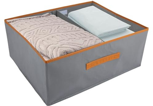 ASelected Large set of 2 storage boxes 50 x 40 x 20 CM Cupboard organiser with leather handle and divider Fabric storage box Foldable for wardrobe clothes, books(grey)