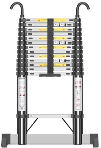 Scala Telescopica 4,1m, Scala Retrattile in Acciaio Inossidabile con Ganci, Gradino Regolabile, Carico Massimo 150kg, Utilizzato per Manutenzione Quotidiana, Edifici