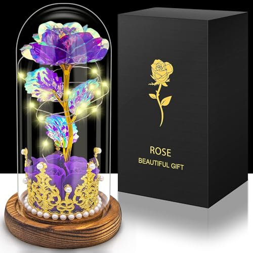 Hemiro Rosa eterna in vetro, regalo per la festa della mamma, rosa in vetro con LED in una cupola di vetro, regalo per donne, mamma, nonna, fidanzata (viola)