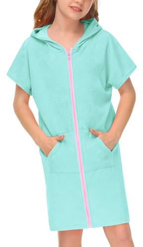 BesserBay Mädchen Strandponcho Handtuch Badeponcho mit Kapuze Taschen Reißverschluss Unisex Surf Poncho Grün 130