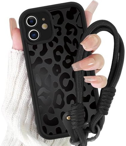 Yirlbey Coque pour iPhone 12 avec Cordon de Bracelet, Silicone Étui avec Aesthetic Noir Léopard Motif Design, Antichoc Bumper Protection Housse avec Lanyard Cover Case pour iPhone12 6,1, Vache