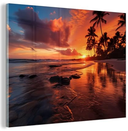 MuchoWow© Glasbilder 80x60 cm Deko Schlafzimmer Aesthetic Wohnzimmer Glas Gemälde Foto Geschenk Living Room Decoration Sonnenuntergang - Palmen - Strand - Meer - Horizont