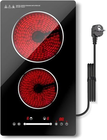 Borrallio Piano Cottura Elettrico 2 Fuochi – 3000W Totali, 2 Zone (1200W & 1800W), Touch Control, Timer, Blocco Bambini, Ideale per Cucine Piccole e Camper, Da Incasso o da Appoggio