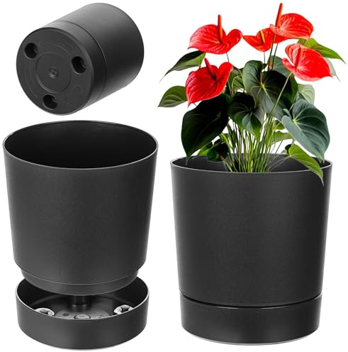 KADAX Blumentopf mit Untersetzer, Durchmesser 34.5cm, Übertopf aus Kunststoff für Innen, Pflanztopf mit Matter Oberfläche für Zimmerpflanzen (Schwarz)