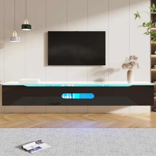 BursDany Meuble TV Suspendu Moderne, Banc TV avec Éclairage LED, 3 Compartiments et Gestion des Câbles, pour Salon ou Chambre, Noir Brillant, 180x35x30 cm