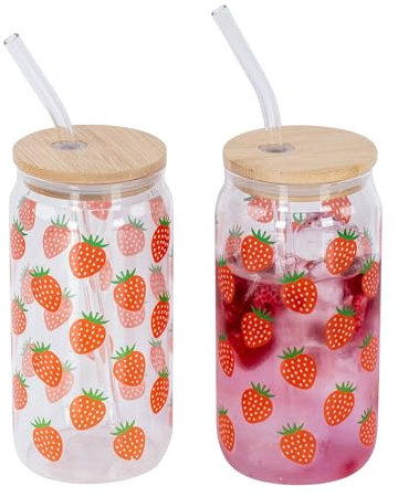 levandeo 2er Set Trinkglas 500ml Erdbeere Glas-Strohhalm Bambusdeckel Trinkbecher Sommer