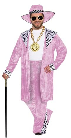 HENBRANDT Erwachsenenkostüm für Herren, Größe XL, rosa Samt, Zebramuster und passender Hut, 1970er Jahre, Big Daddy Gangster Pimp, Kostüm, Einheitsgröße