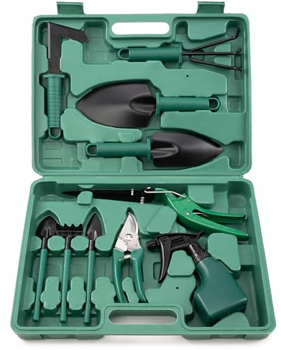 Gartenwerkzeug Set aus Edelstahl, 10 TLG. Set Gartengeräte, Gartenarbeit Set mit Koffer, Pflanzset, Garten Hand Werkzeuge, ideale Gartengeschenke für Frauen und Männer