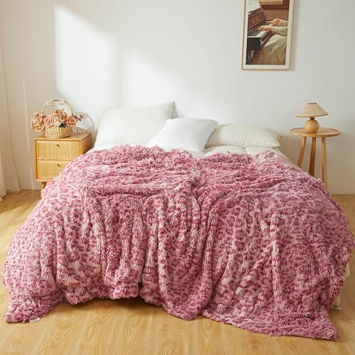 XeGe Luxus Flauschige Kunstfell Gepardprint Bettdecke für Kinder, Jugendliche, Erwachsene, Plüsch Throw Decke Queen für Farmhouse Schlafzimmer & Wohnzimmer, Leopard Muster Rosé, 228x228cm, Queen