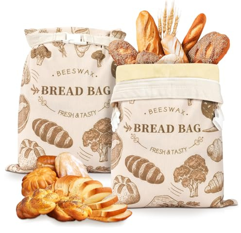 MAIJIAJU Cera de abejas, bolsa para pan, 2 piezas, bolsa de almacenamiento de pan de lino reutilizable con cremallera (patrón de pan - 10) (010)
