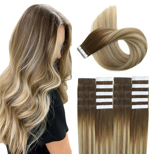 XDhair Tape in Extensions Echthaar Remy Echthaar Extensions Tape #3/8/22 Braun bis Ash Braun und Goldblond