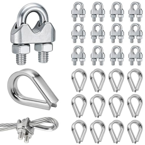 Abrazaderas Cable Acero M6 Acero Inoxidable 304, set 24 Piezas con 12 Abrazaderas y 12 Guardacabos, Abrazaderas para Cable Resistentes al óxido para Tendedero, Jardín, Bricolaje (M4 (rosca de 4 mm))