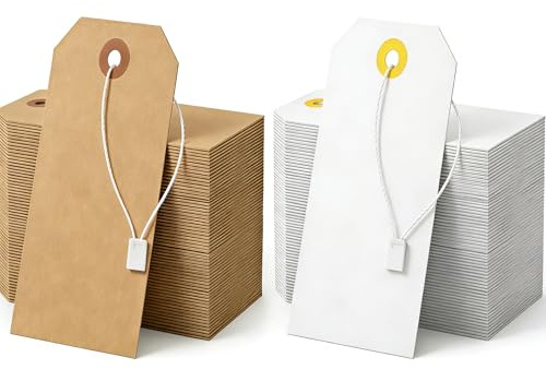 Alkrsxi 100 Pack Shipping Tags with Strings Included, Blank Hang Tags 4 3/4 x 2 3/8, Assorted White & Kraft Cardstock, Sturdy Marking Tags for Gifts, Clothing, Inventory & Price Tags