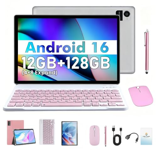 Android 16 Tablet 10 Zoll  12(4+8)GB+128GB mit Gehäuse Tastatur (Rosa) | Fast Charging Touch Screen Tablet with Large Display