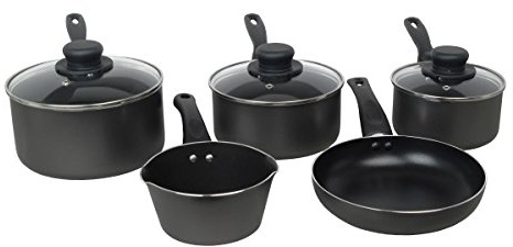 Sapphire Saphir Antihaft Kochgeschirr-Set inkl. Sauce Pfanne mit Glas Deckel/Milchtopf/Pfanne, Schwarz, 15/18/20 cm, Set von 5