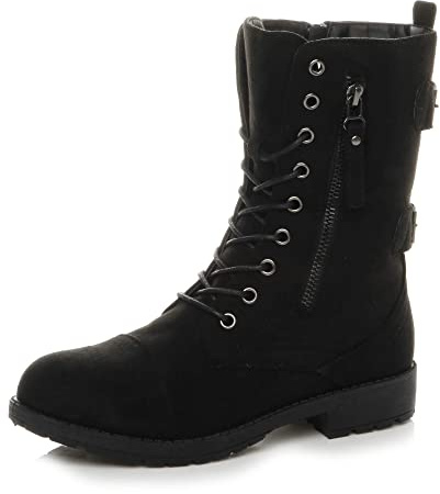 AJVANI Womens ladies flat low heel lace up zip combat army military ankle boots size.