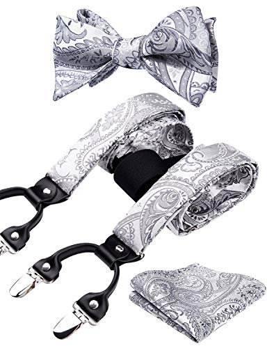 HISDERN Grau Herren Hosenträger mit 6 starken Clips Extra Breit Paisley Y Form Hosenträger für Herren mit Fliege Einsteckuch Set…