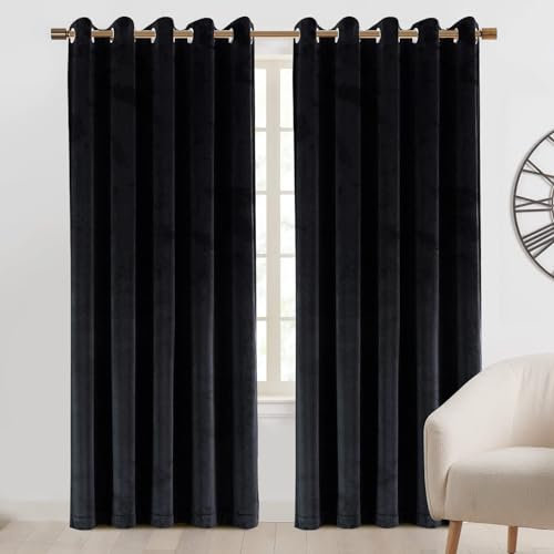 Imperial Rooms Crushed Velvet Curtains 90x90 Inch Black Blackout Curtains for living room Super Soft Privacy Protection & Thermal Curtain 2 Panel with Matching Tiebacks