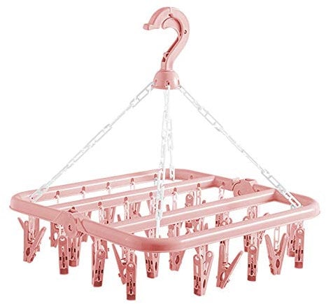 alladaga Clothes Drying Hanger with 32 Clips and Drip Foldable Hanging Rack (Light Pink)