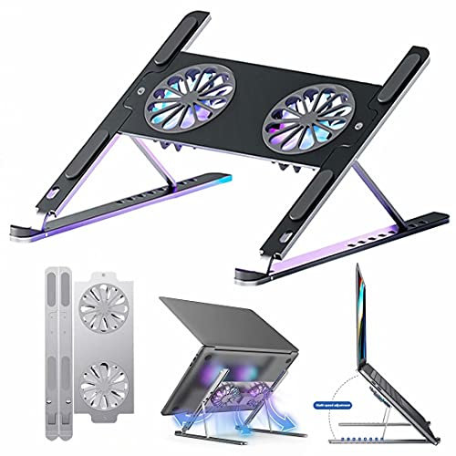 HGTRH Laptop Ständer Belüftung, Notebook Ständer Aluminium Faltbar, Notebook Ständer Halterung Riser 8 Stufe Höhenverstellbar Kühlständer Mit 2 Lüfter Für Die Meisten 14-17 Zoll Laptops