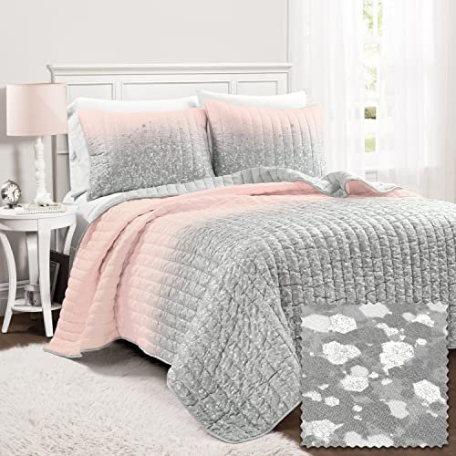 Lush Decor Bettwäsche-Set, 3-teilig, glitzernd, Ombré-Muster, Metallic-Druck, für Doppelbett/Queensize, Rouge und Grau