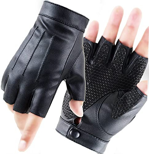 LJCZKA Handschuhe Fingerlos Leder Herren, Halbfinger Handschuhe Herren Leder rutschfest Motorrad Fahrhandschuhe - Schwarz