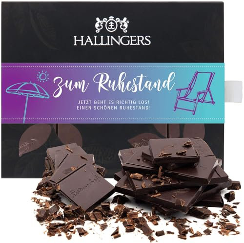 Hallingers Zum Ruhestand - Vegane Schokolade Zartbitter-Edelkakao mit Kaffee - handmade, alkoholfrei (Box) - Geschenk im Sommer & als perfektes Grillgeschenk | Geburtstag Glückwunsch Jahrestag Neues Z