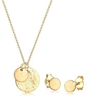 Elli Schmuckset Damen Ohrstecker Plättchen Anhänger Organic Klassisch in 925 Sterling Silber Vergpldet