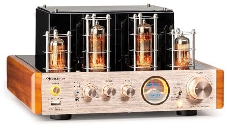 Auna Amp VT - Amplificatore valvolare, amplificatore HiFi, 2x35W RMS, amplifier stereo BT, ingressi Ott./Coas./AUX, champagne