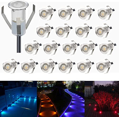 CHNXU 20er Set Mini Treppen Einbaustrahler Ø18mm 7LM RGB Farbwechsel Bodeneinbauleuchte LED IP67 Wasserdicht Aussen und Innen Deckenstrahler Boden Lampe mit 12V Netzteil für Garten Terrasse Küche Bad