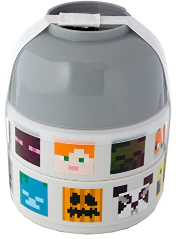 Puckator Minecraft Faces Stacked Round Bento - Lunch Box for Adults and Kids with Compartments - Snack Box - Food Containers With Lids - Stackable Snack Pots For Kids - Meal Prep Container - Lunchbox