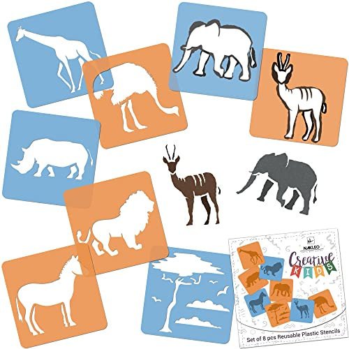 NAKLEO Schablonen Malen für Kinder, 8 Stück Set 15x15cm Savanna Tiere, Kinder Kreatives Zeichenschablonen, Kunststoff Wiederverwendbar Malschablone DIY Handwerk, Papier Wand Holz Stof